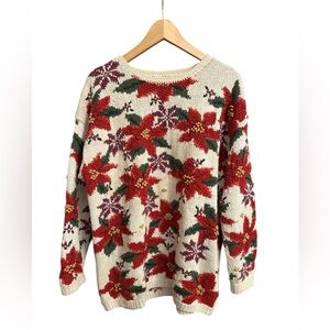VTG 90s Cottagecore Floral Sweater Grandma Medium Knit Oversized Christmas F/S